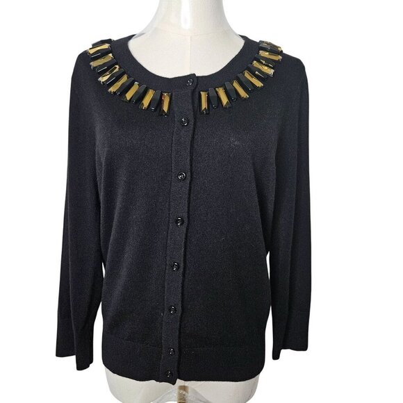 Kate Spade New York Large Black Embellished Beaded Luxury Cardigan Sweater - Picture 1 of 8
